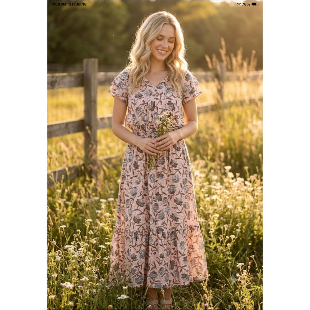 CWC Pink Floral Smocked Waist Viscose Maxi Dress Short Sleeve Boho Women Size L